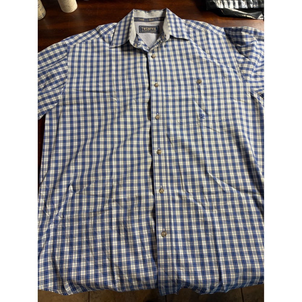 Wrangler 20X TwentyX Mens Blue White Plaid Long Sleeve Button Down Shirt XL